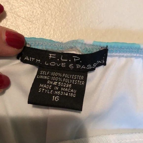 FLP Faith.Love. Fashion size 16 aqua blue & white print halter dress midi length - Picture 13 of 13